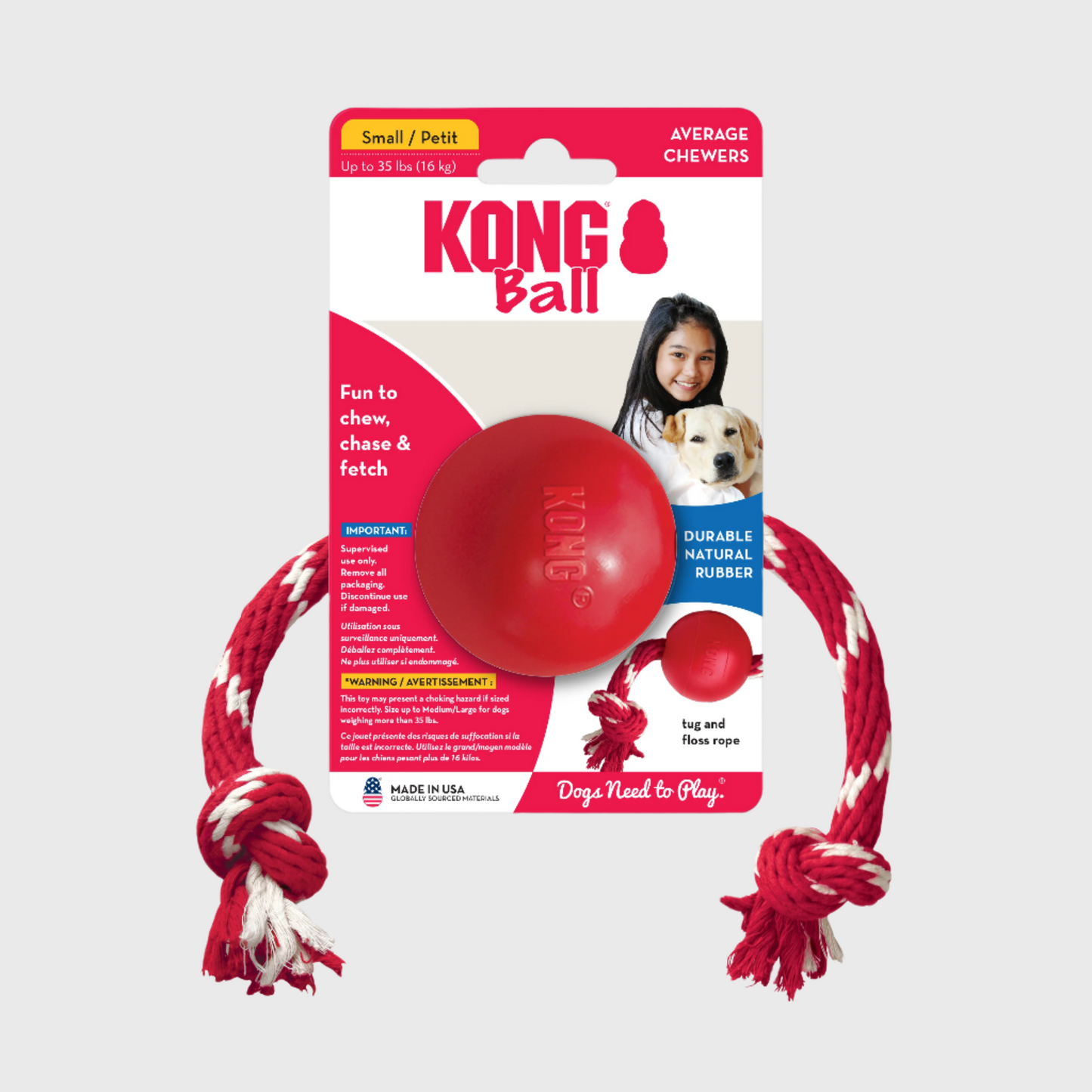 Kong Classic - Red Rubber Ball W/Rope (S) Red